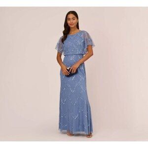 Adrianna Papell Beaded Blouson Gown Blue Flutter Sleeves Maxi Length NWT *Flaw*